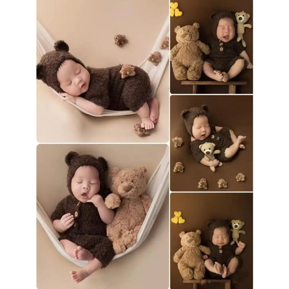 

Soft Knit Newborn Photo Prop Outfit With Hat Unisex Style Knit Animal Costume Bear Design Comfortable Fit Baby Bear Jumpsuit