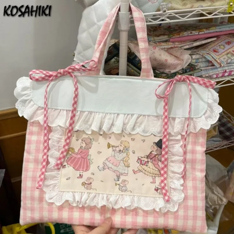 

Patchwork Lace Sweet Kawaii Girls Top-Handle Bags All Match Plaid Cartoon Print Purses Y2k Handbags Women Fashion Cute Clutches