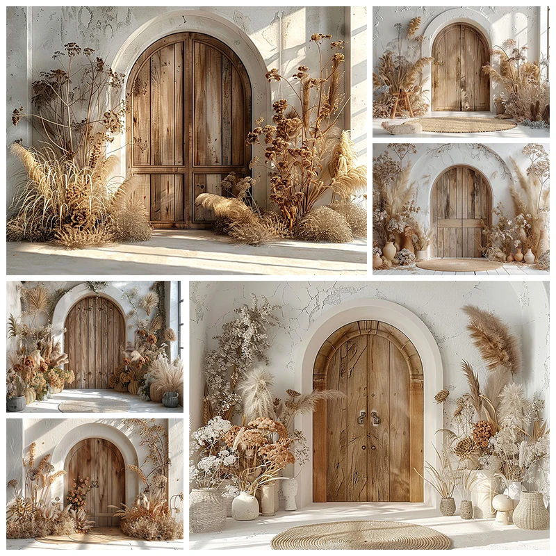 Mocsicka Wooden Door Background For Photography White Wall Flower Plant Potted Plant Photo Studio Backdrop Decoration Photozone