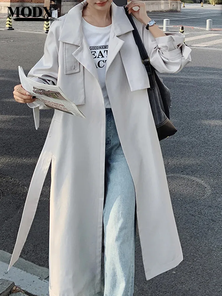 

[MODX] Beige Belted Big Size Casual Trench Women New Lapel Long Sleeve Loose Fit Windbreaker Fashion Spring Autumn 2024