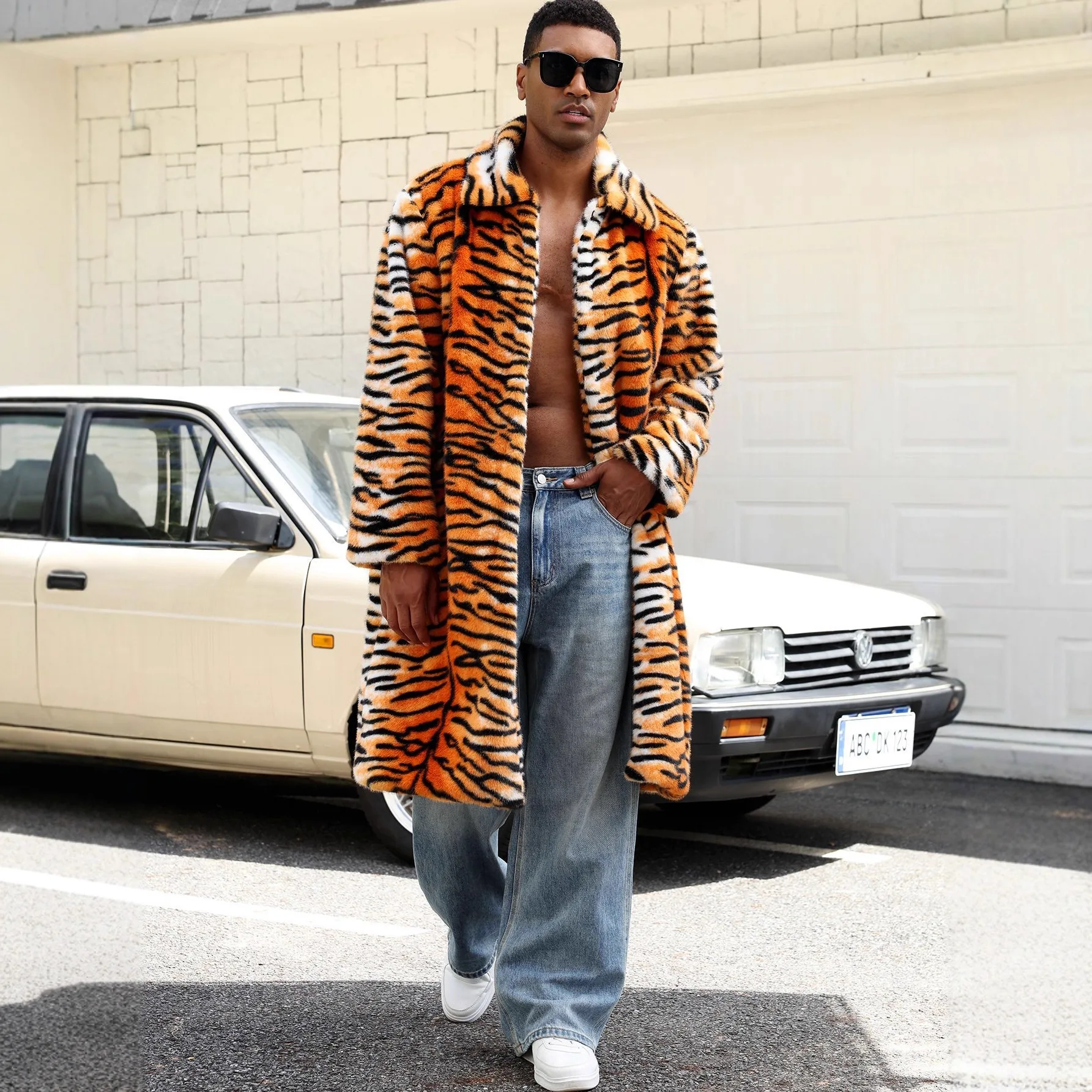 Autumn And Winter Tiger Pattern Color Imitation Fur Men's Lapel Jacket Thermal Coat Men