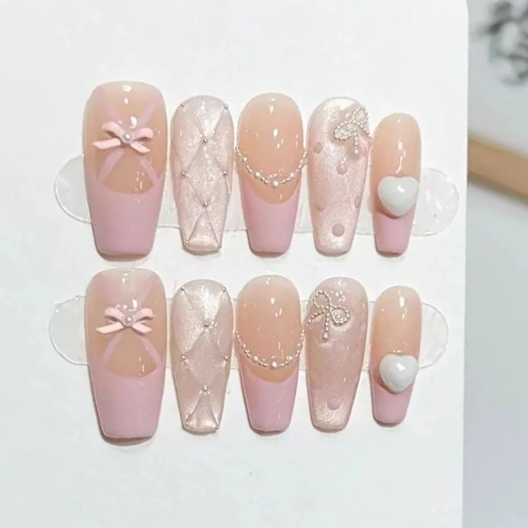 10Pcs Pink Coffin Handmade Press On Nails 3D Rhinestone Fake Nail with Butterfly Full Cover Pearl Wearable Artificial Nail Tips