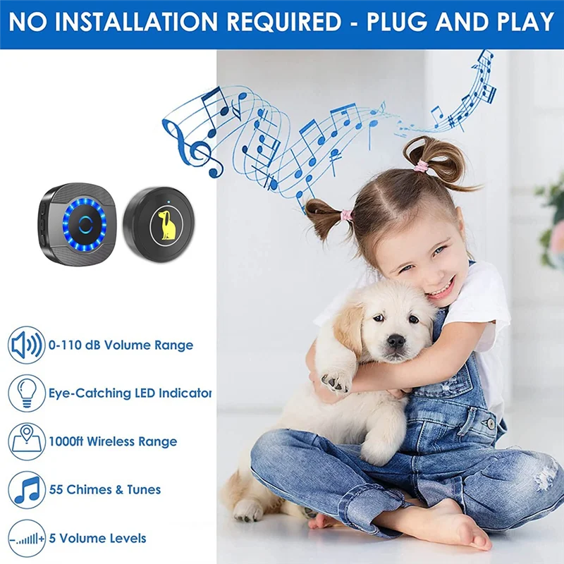 BNVN-Dog Bell Door Potty Training Watrerproof Super-Light Touch Wireless Door Bell For Dog 55 Melodie 5 Volume Levels US-Plug