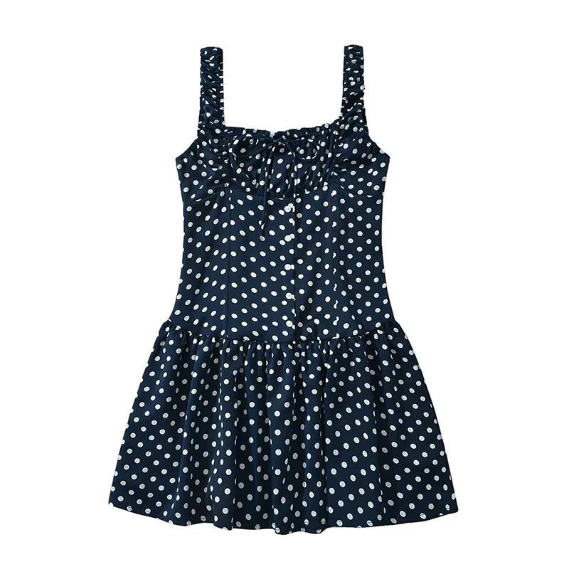 

Sexy Women Navy Blue Polka Dot Mini Dress Female Vintage Ruched Hem Low Waist Tank Summer Dresses