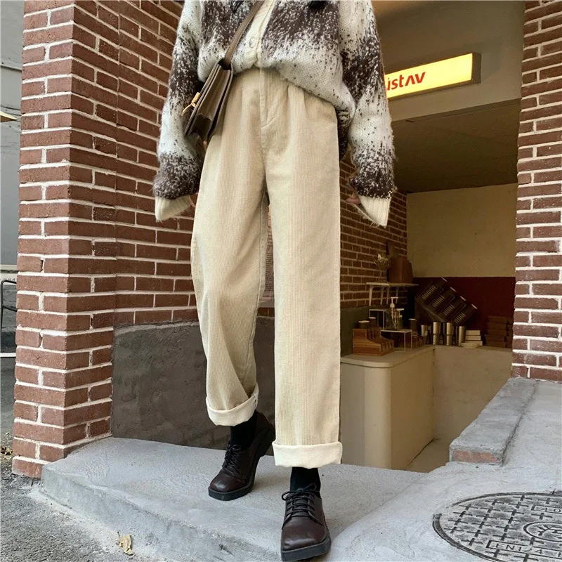 

Retro High Waist Corduroy Pants Women Spring Fall Straight Causal Full Length Trousers Korean Fashion Baggy All Match Black Pant