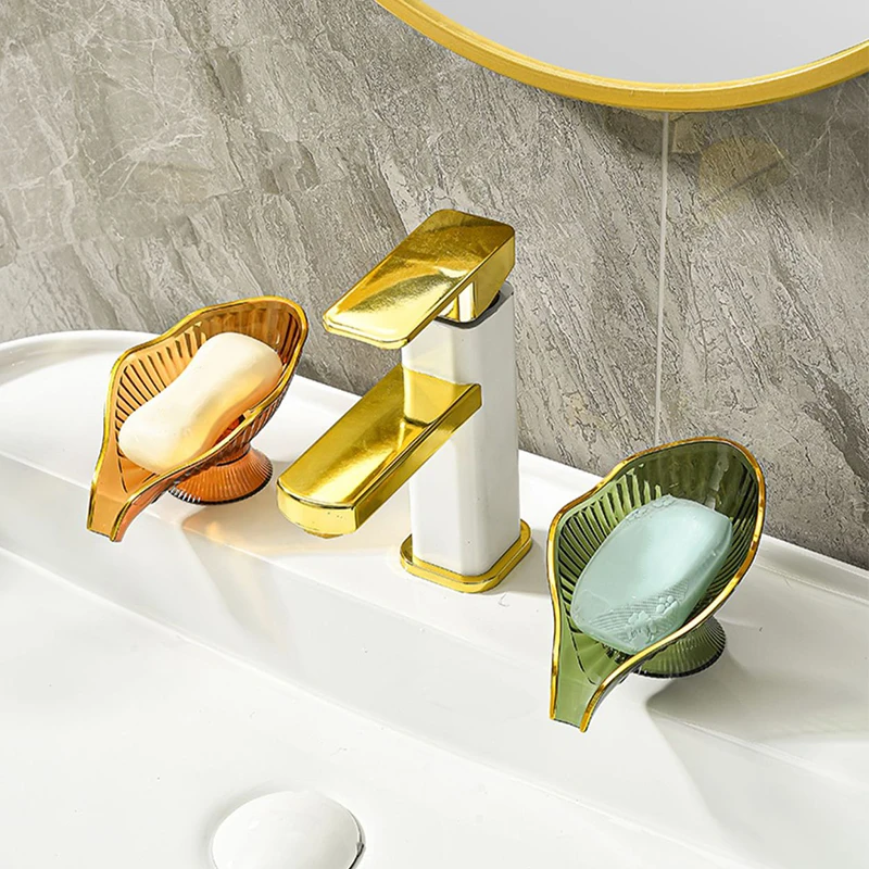 Creative Drain Plate Tray Soap Holder Soap Box Bathroom Gadgets Non-slip Storage Leaf Shape Light Luxury Gold-rimmed Soap Box