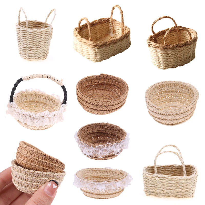 Mini 1/12 Cute Dollhouse Rattan Frame Hand-woven Vegetable Food Flower Basket Cute Toys Dolls Miniature Decoration