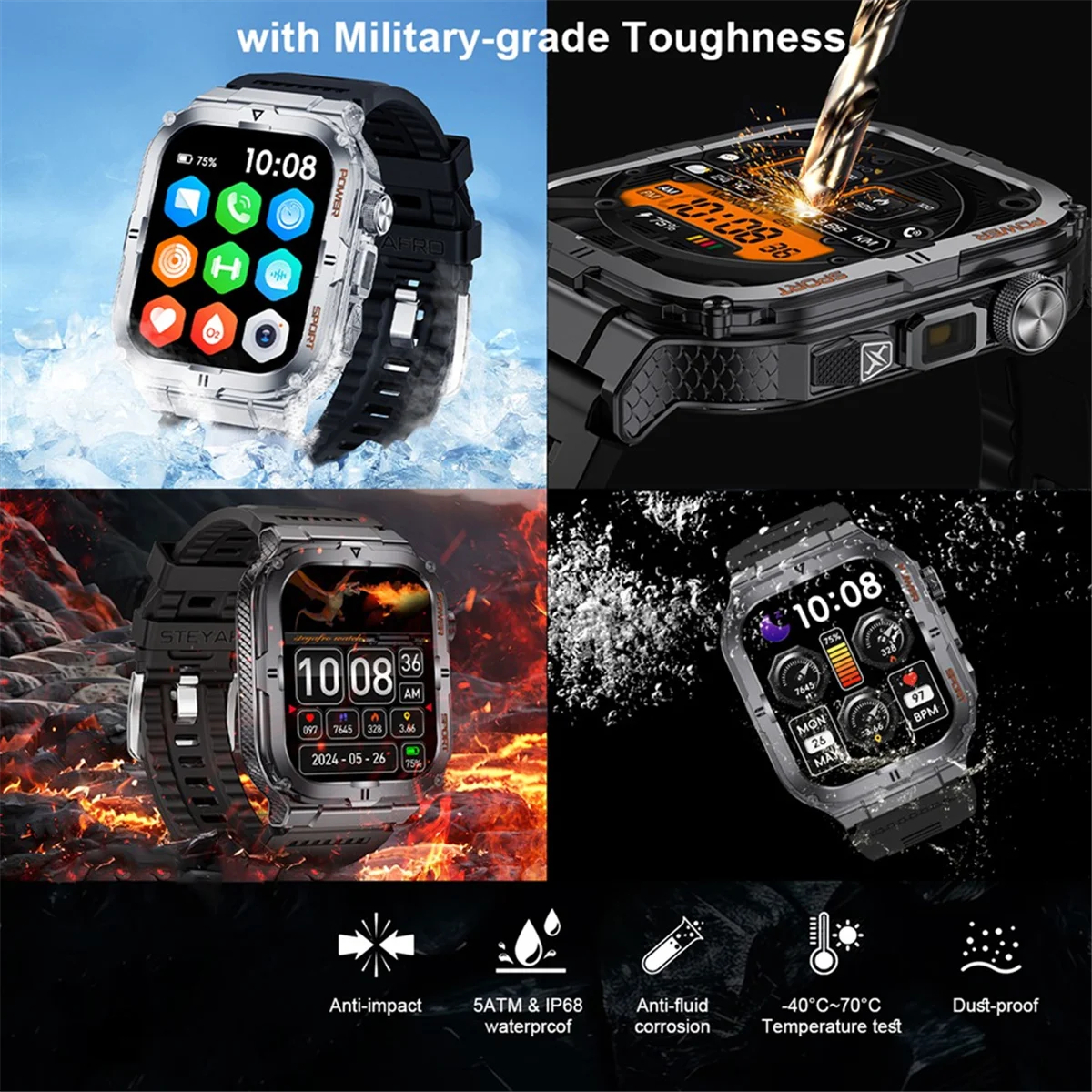 POP-lMen's Smartwatch 블루투스 통화 추적기 스포츠 시계 디지털 피트니스 Smartwatch LED 손전등 실버 실리콘