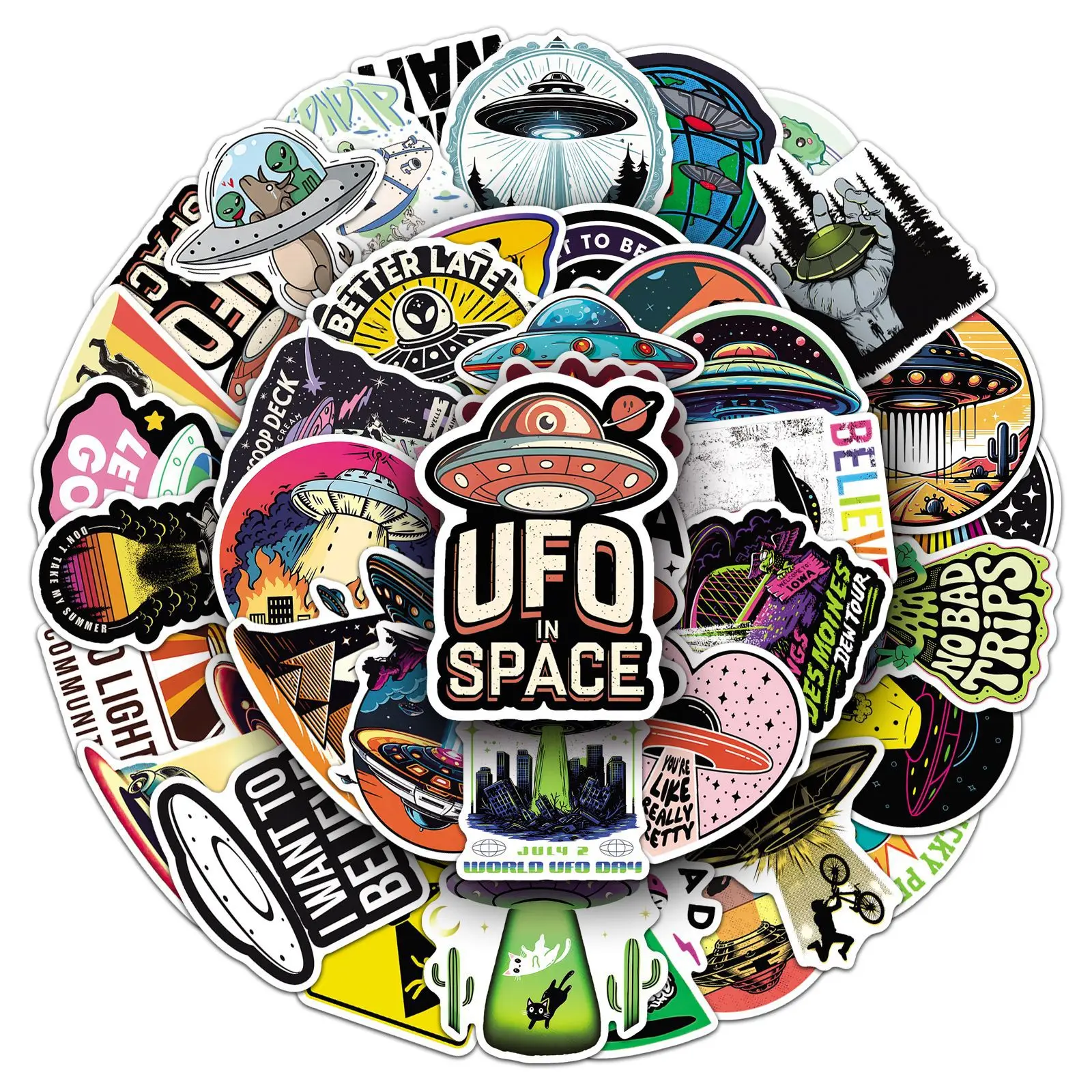 50 autocollants créatifs de dessins animés OVNI et extraterrestres, pour bagages, téléphone, guitare, scrapbook, tasse, voiture, jouets classiques pour enfants