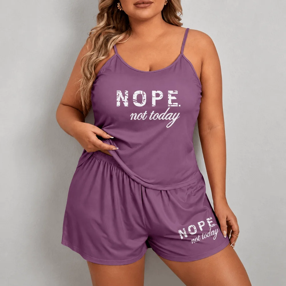 Ultra Soft Plus Size Pajama Set Oversized Letters Printed Cami Pajama Set Breathable Tank Top+Short Loose Sleepwear Set