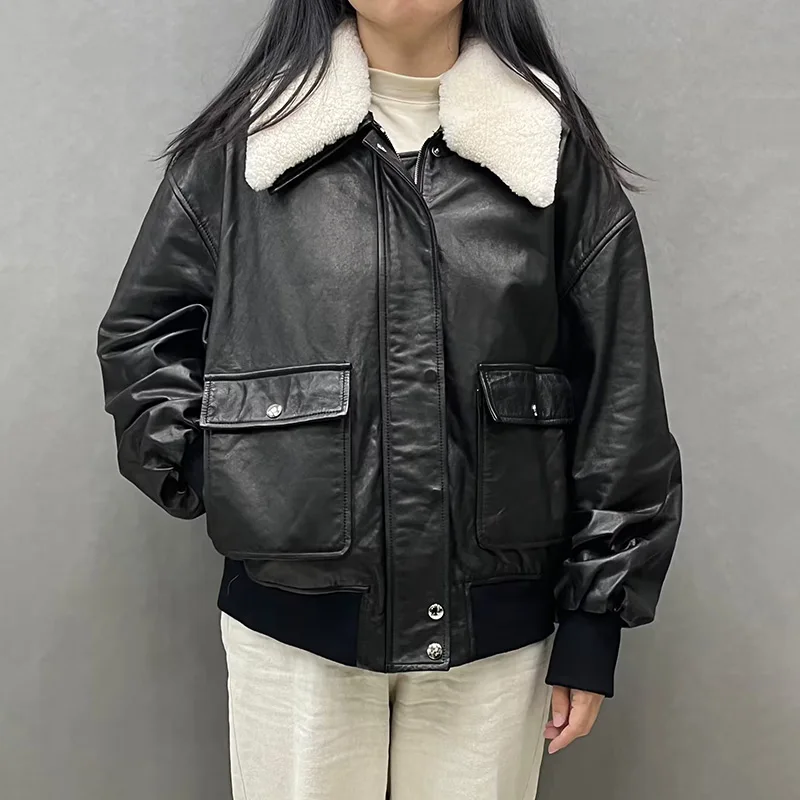 

2023 Jacket Genuine Sheepskin Leather Women Real Wool Collar Coat Fashion Clothing Pocket GT5544