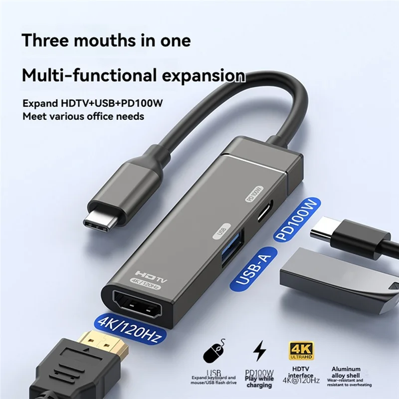 L52A-Type-C HUB Docking Station Type-C To -Compatible Converter(4K/120Hz) PD100W USB-A Port For HDTV USB-C Splitter For PC