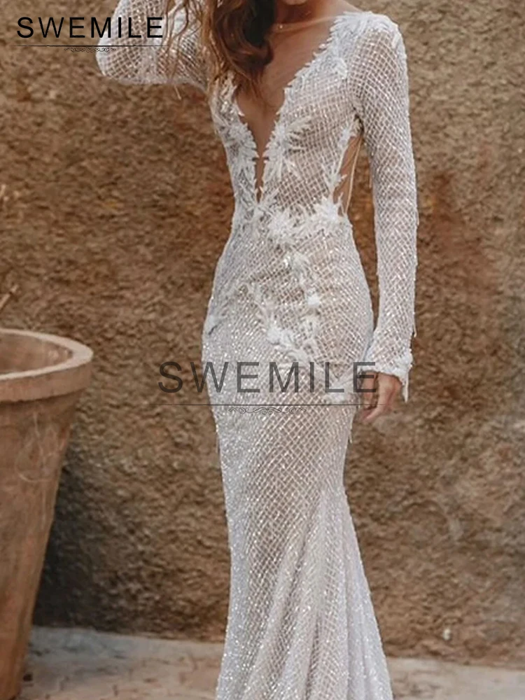 SWEMILE เลื่อมภาพลวงตา Backless Appliques Boho ชุดแต่งงานแขนยาว V คอ Elegant ชุดเจ้าสาวชายหาด Vestido De Novia