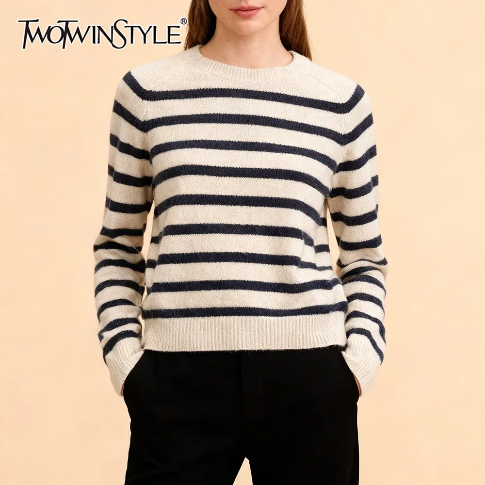 

TWOTWINSTYLE Striped Pullover Sweater For Women Roound Neck Long Sleeve Casual Classics Knitwear Female Autumn Fashion Clothing