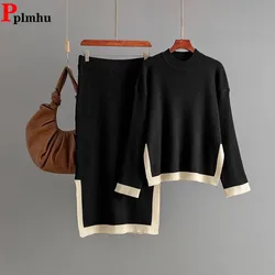 Korean Design Knitted 2 Piece Sets Women Casual O-neck Long Sleeve Knitwear Pullover Tops Suits Elegant High Waist Skirts Outfit