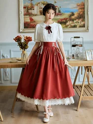 Lolita Style Two Piece Skirt Set Women Summer Peter Pan Collar Short Sleeve Bow Shirt and Lace Patchwork Long Skirts Outfits