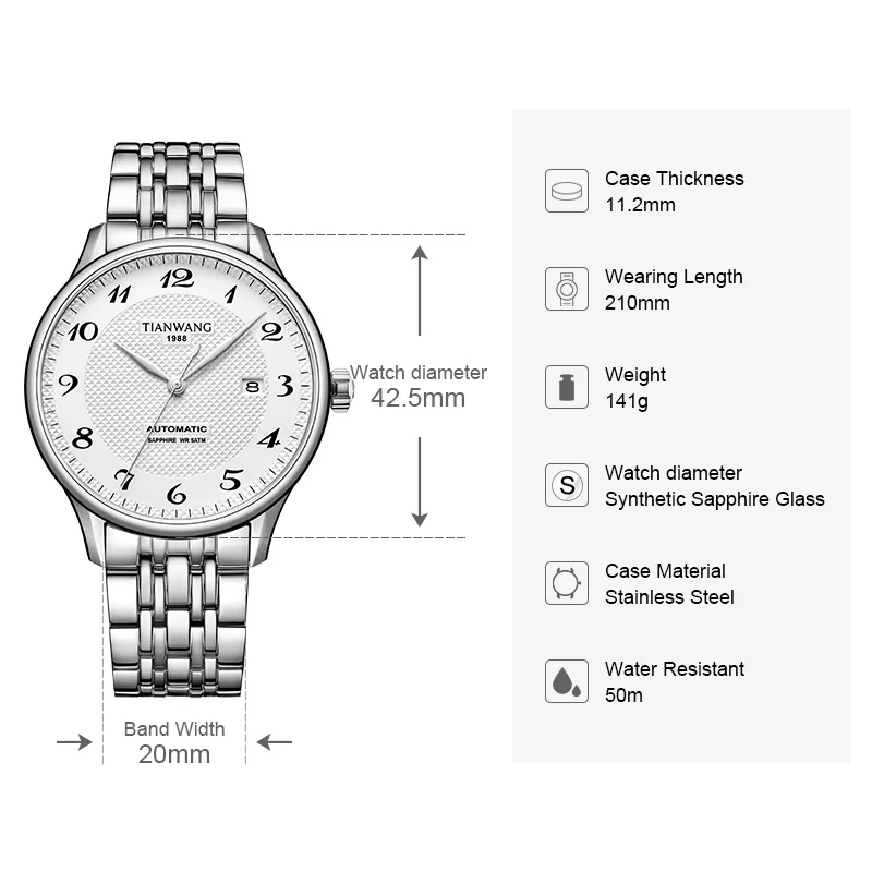 TIAN WANG Men\'s Watches For Men Automatic Mechanical Clocks Kunlun Series Business Classic Digital Roman Dial Male Wristwatches