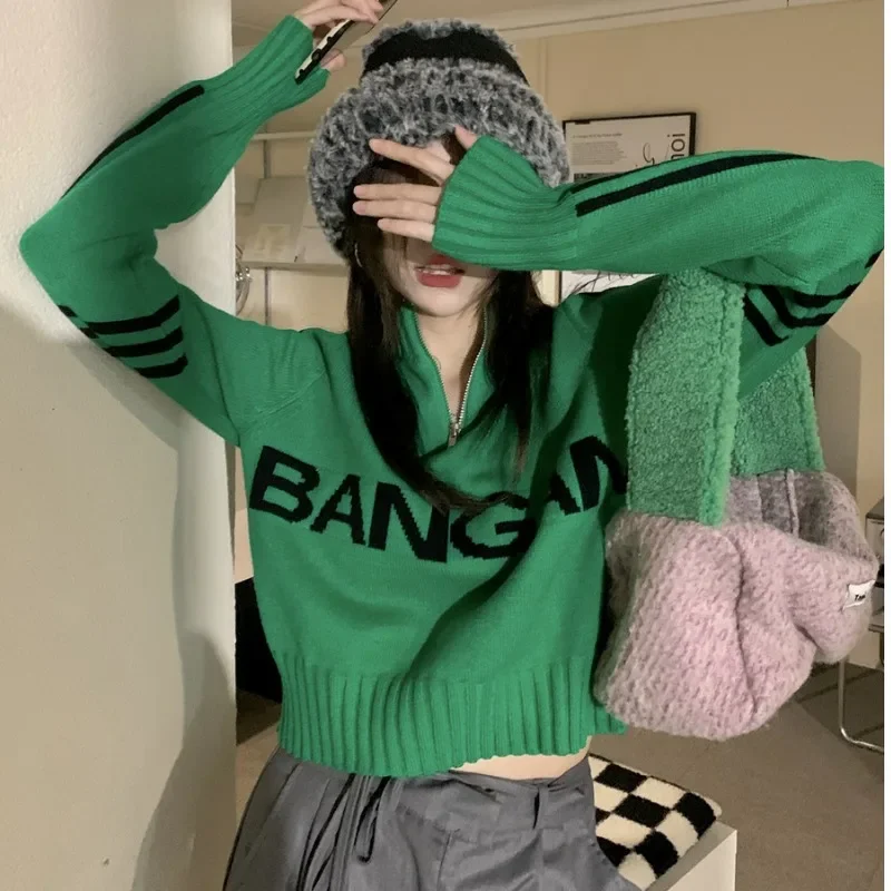 Green Cropped High-Waisted Knit Sweater Top Autumn/Winter Color Blocking Stripes Base Layer Zipper-Up Stand Collar Women's