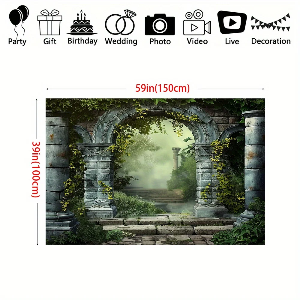 Vintage Palace Garden Backdrop - Gothic Castle Pillars & Arched Stairs, Foggy Medieval Thoto Prop For Parties & Portraits,