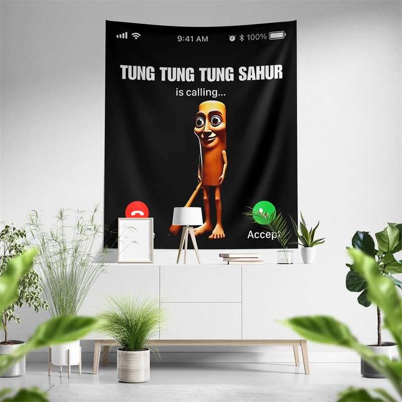 Aertemisi Tung Tung Tung Sahur is Calling Tapestry Wall Hanging Art for Bedroom Living Room Decor Party Backdrop