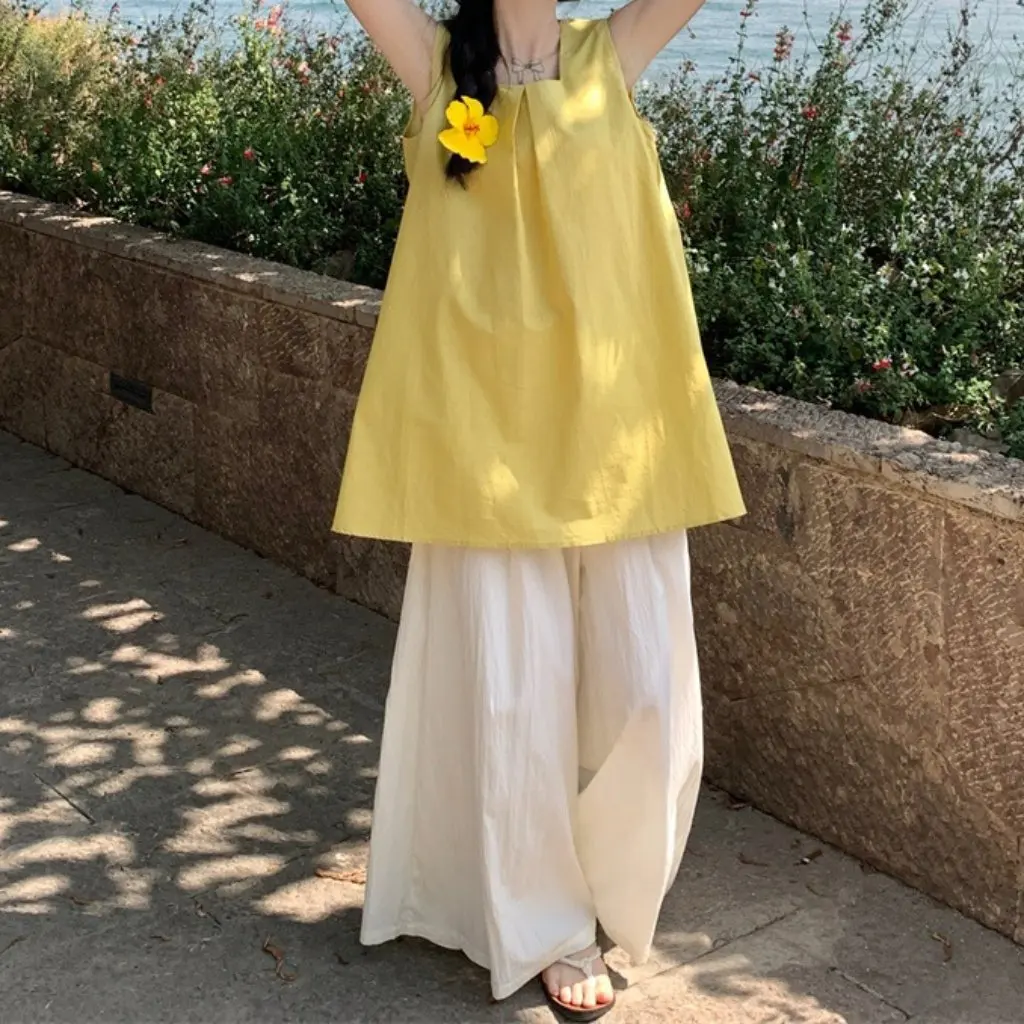 

Women's Summer Fashion Trendy Suit Set - Simple Square Collar Loose Vest Top with Wide Leg Casual Pants