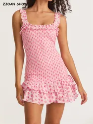 Corset romantique à imprimé de fleurs roses pour femme, Mini Robe froncée élastique, épaules en bois, volants, ourlet, paquet de hanches, Robe de vacances