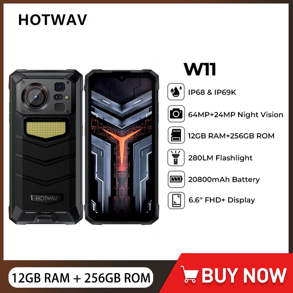 Прочный смартфон HOTWAV W11 4G, 6,6-дюймовый восьмиядерный FHD + 12 ГБ + 256 ГБ, Android 13, мобильный телефон, фонарик 280 лм, 33 Вт, мобильный телефон NFC