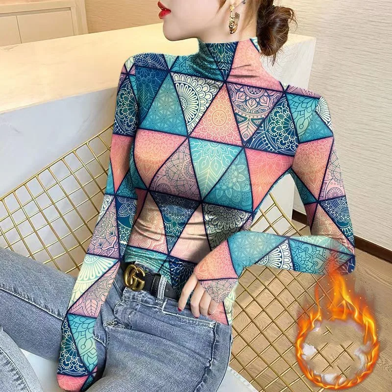 Women's Thin Half High Neck Underlay Spring Autumn New Printing Argyle Fashion All Match Long Sleeve Pullover T-shirt Tops