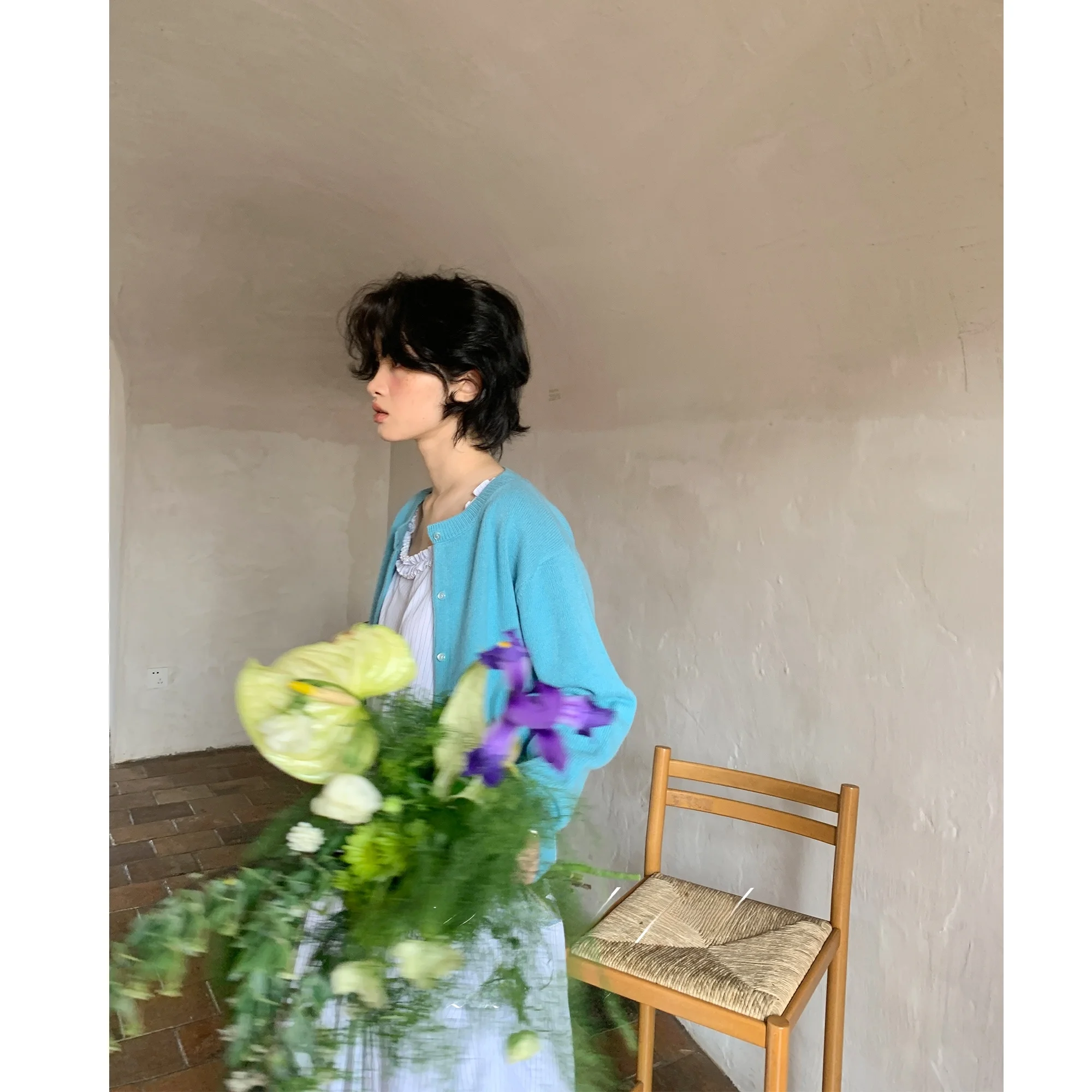 

Ele Blue Knitted Open Cardigan Women's Small Size Spring Feeling Full Woolen Outerwear White We Park Commute Sle Lon...