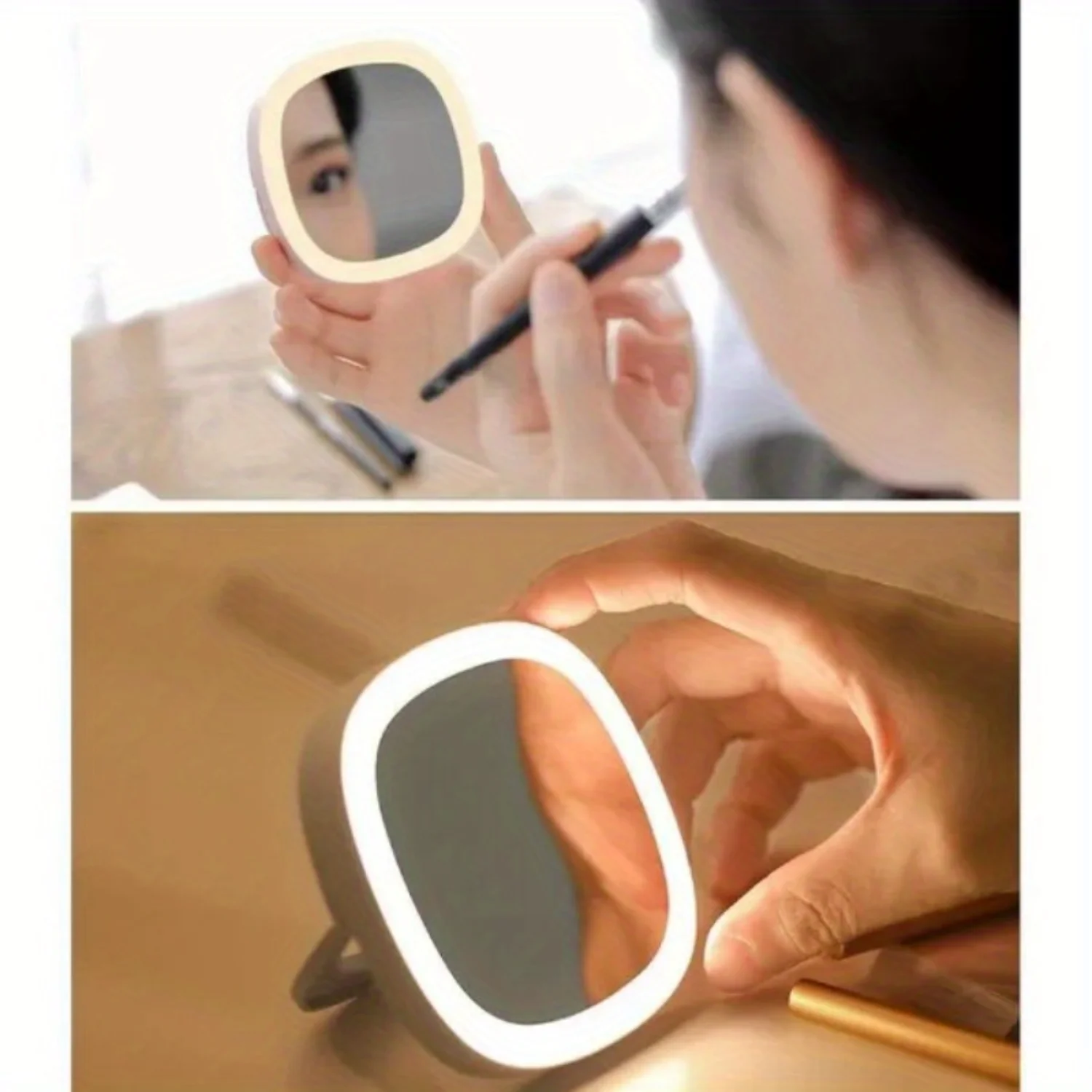 Tragbarer LED-Taschenspiegel mit Ständerhalterung – dimmbares 3-Farben-Licht, wiederaufladbar über USB, Reise-Make-up-Spiegel – beleuchteter Waschtisch