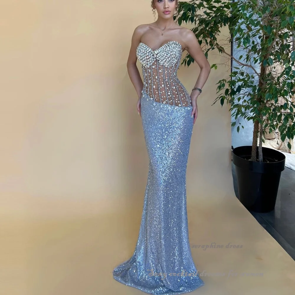 Luxuriöse Abendkleider für Frauen, Spitze, Pailletten, Meerjungfrau, Abendkleid, Korsett im Inneren, trägerloses Mieder, formelle Cocktailparty-Kleider