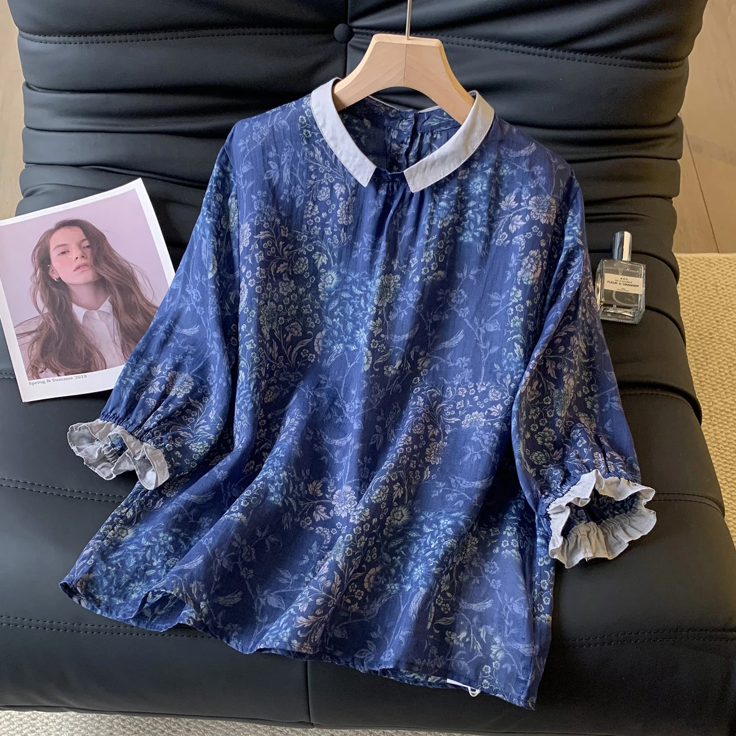 

Summer New Loose Floral Print Shirt Women's Oversize Splice Sleeveless Top Trendy Artistic Style Five-Quarter Sleeve Blouse