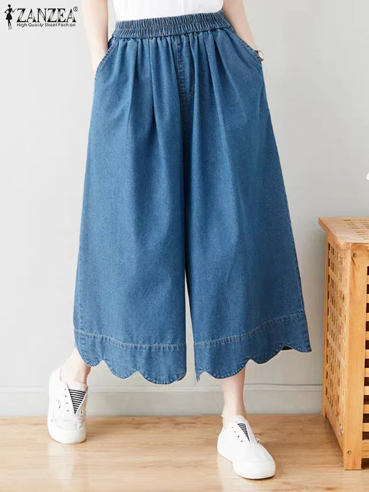 

ZANZEA Women Elastic Waisted Bottoms Holiday Solid Color Pants Fashion Summer Crop Trouser 2025 Casual Loose Wave Hem Pantalons