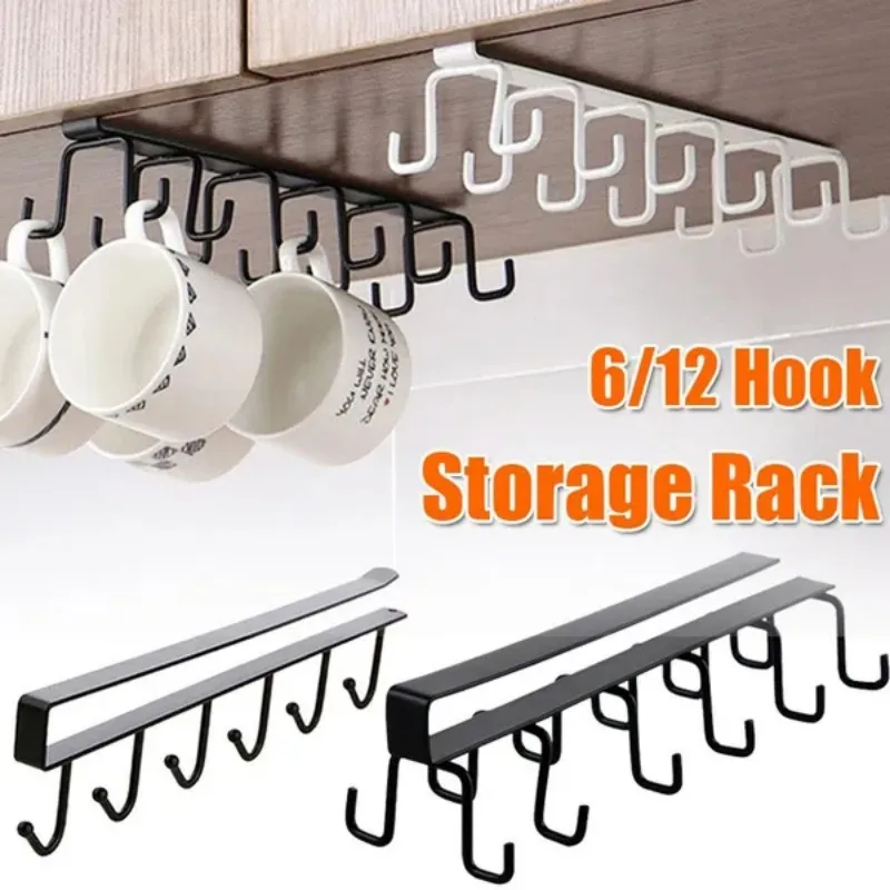 

6/12 Hooks Household Punch-free Kitchen Hook Rack Wrought Single/double Row Hook Hanging Rod Kitchenware Rack Spoon Shovel Rack