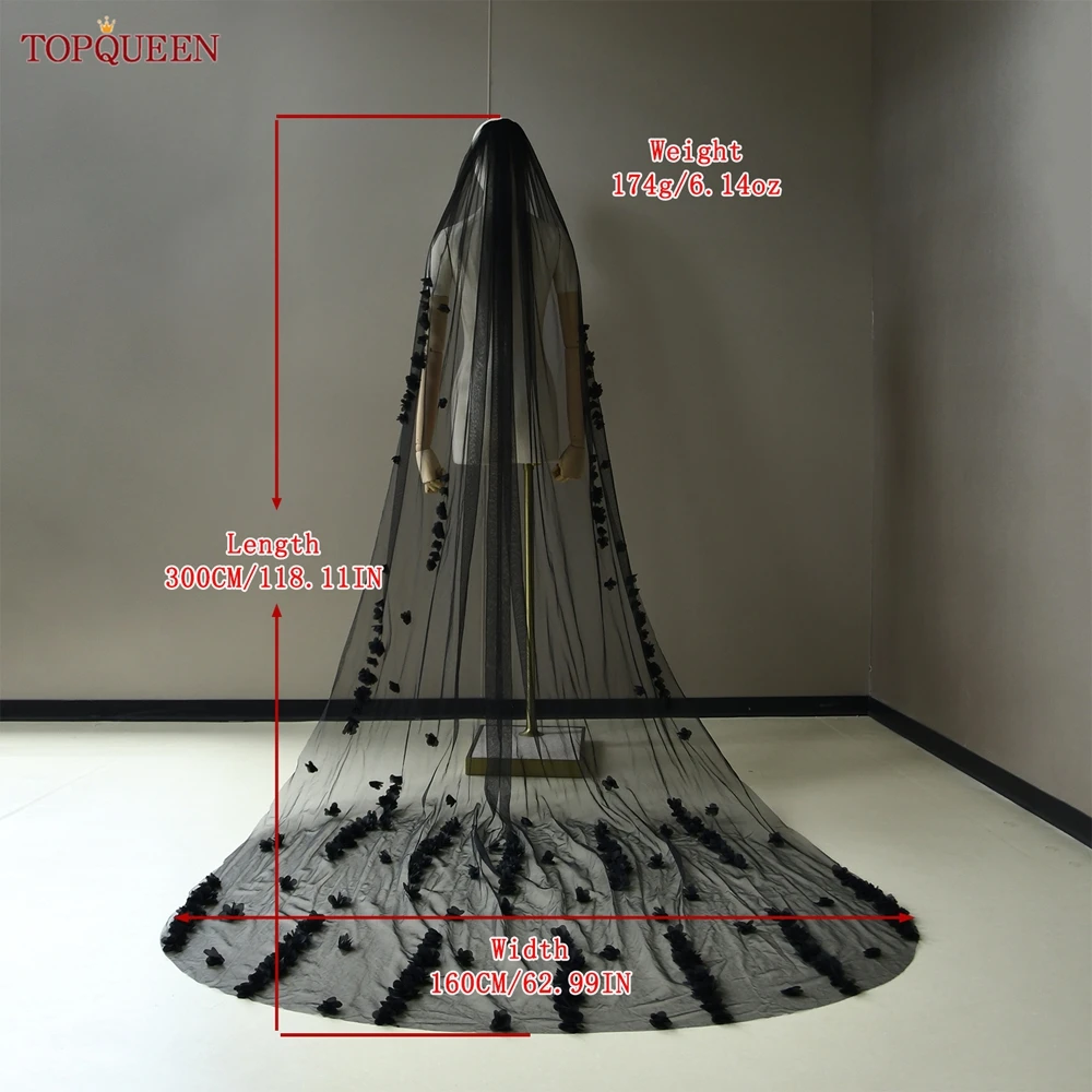 TOPQUEEN 블랙 대성당 3D 꽃 웨딩 베일, 긴 신부 베일, 2024 스타일 캐스케이딩 3D 오간자 꽃 신부 얇은 명주 그물 V251