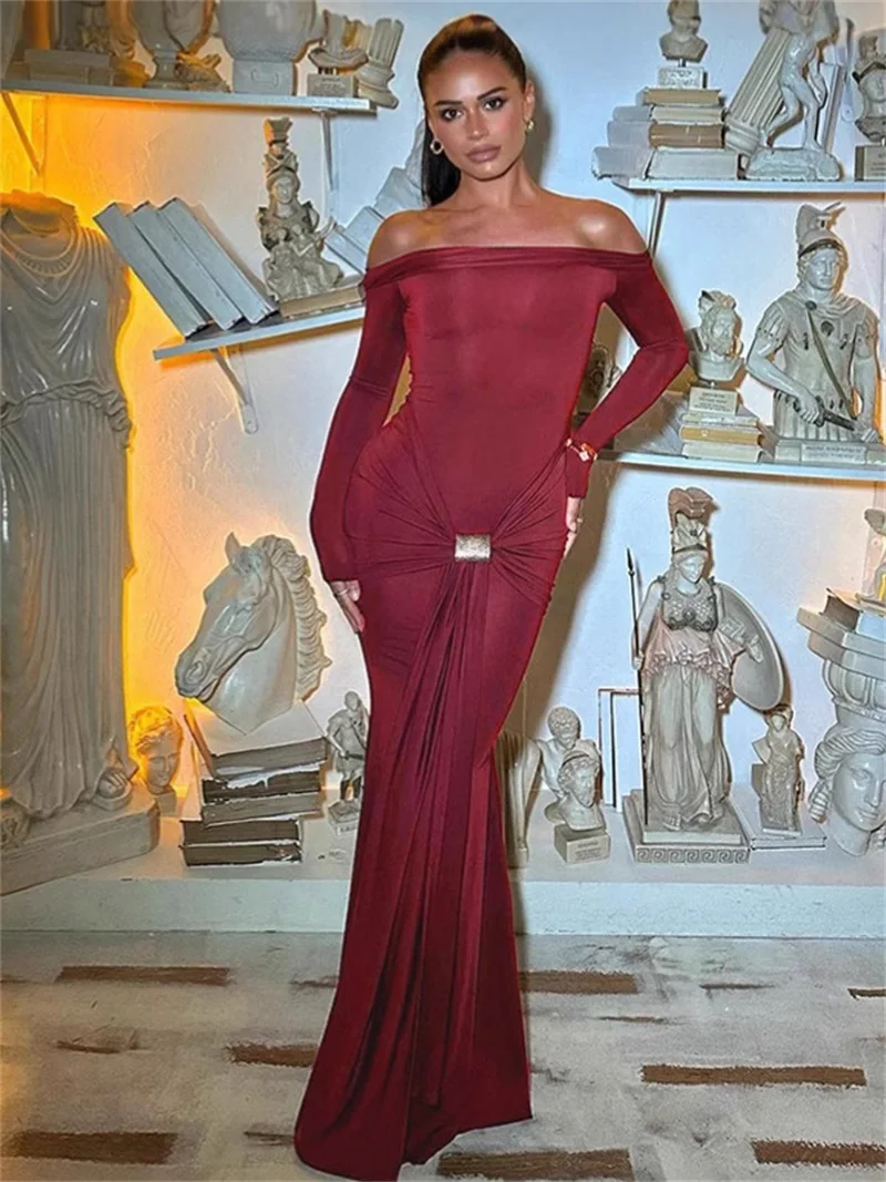 

2024 Autumn/Winter New One Shoulder Evening Dress Fashionable Stylish Hip Hugging Party Robes Solid Color Metal Folded Ball Gown