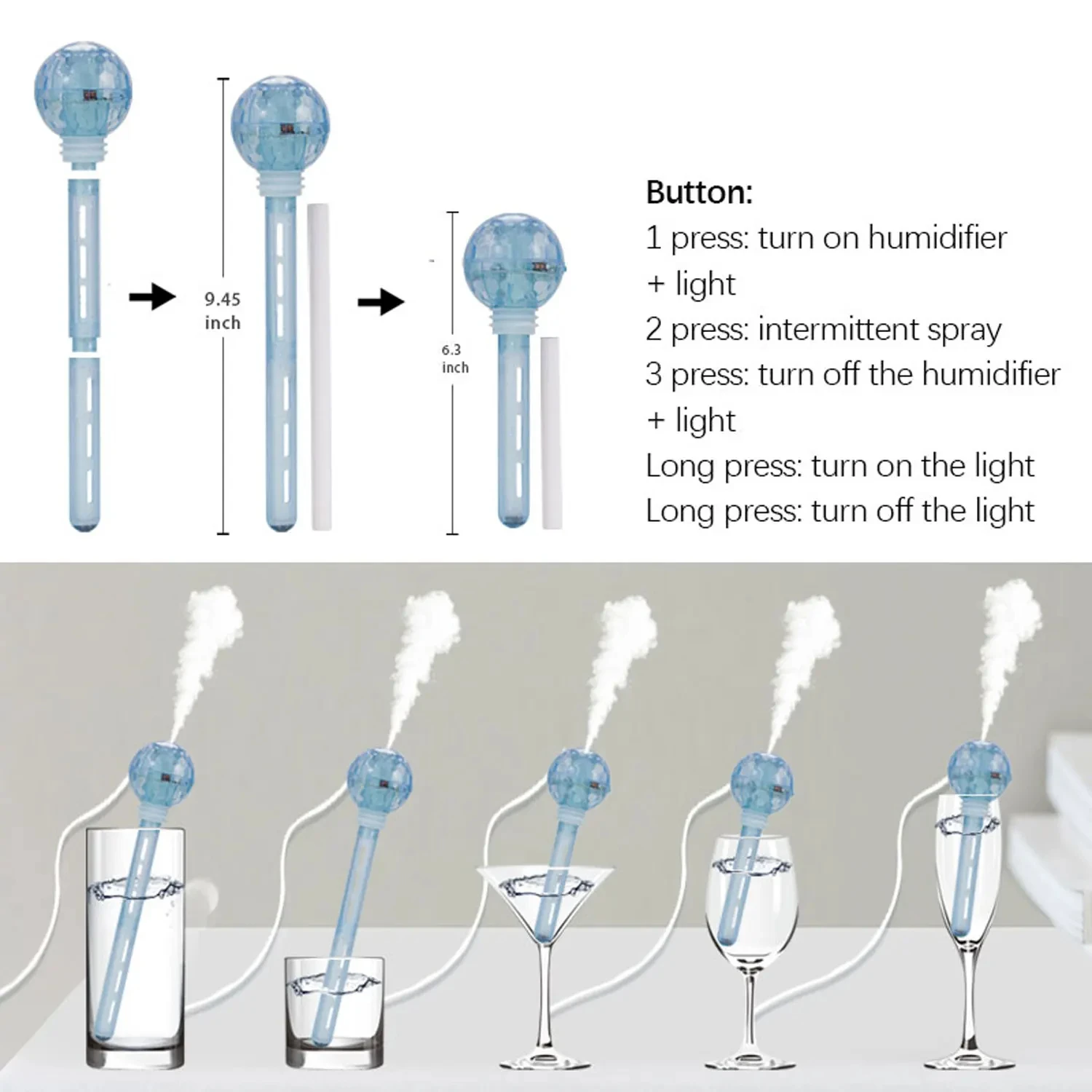 Nieuwe verstelbare lengte Mini USB ultrasone luchtbevochtiger met LED-lamp Essentiële olieverspreider voor auto - Anion Mist Maker purifie