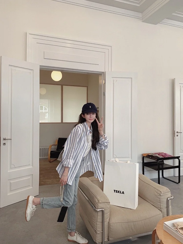 

Молодежная повседневная футболка из хлопка в полоску с пуговицами, свободного кроя, в корейском стиле, модель Young Commuter Sle Golden Musoom La Cabra Coffee Sister...