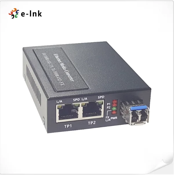High-Performance 2x10/100/1000BASE-T to 1x100/1000BASE-X SFP Media Converter with Built-in Power Supply