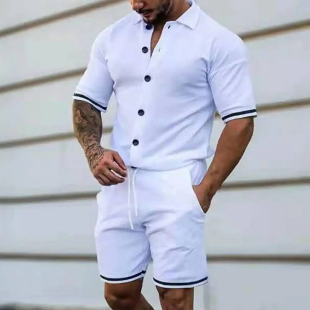 Conjunto de camiseta y pantalones con estampado a rayas para hombre, chándal de cuello vuelto, camiseta con cordón, pantalones ajustados, traje deportivo de dos piezas