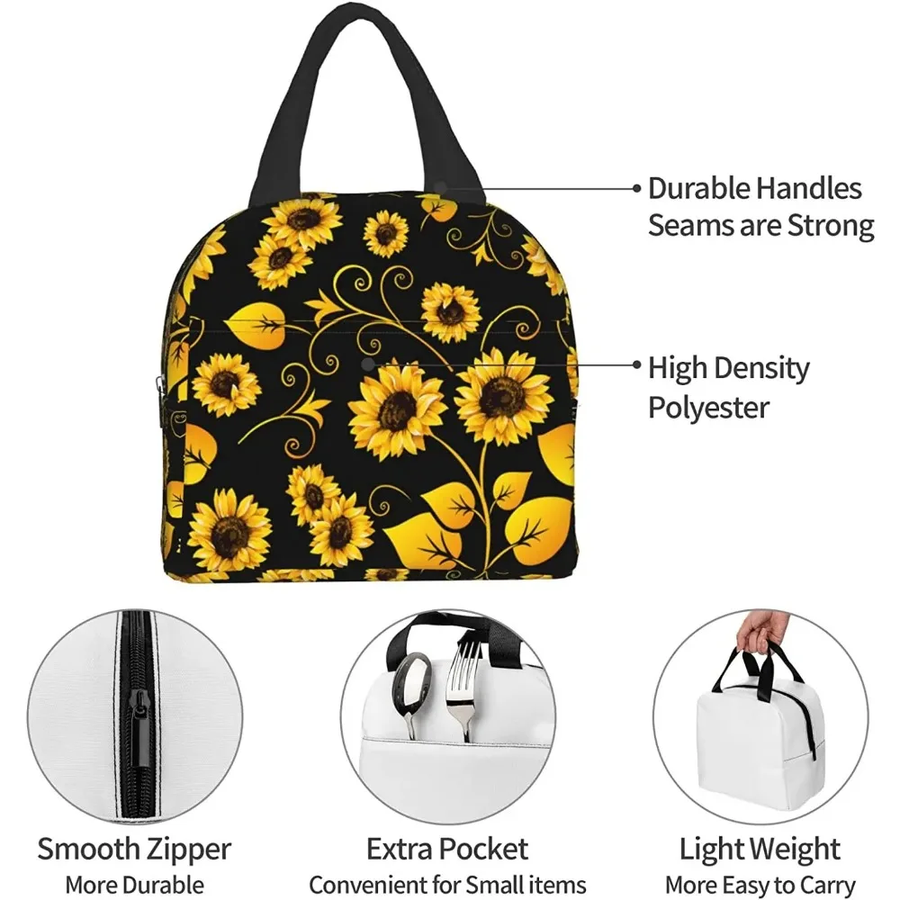 Sunflower Insulated Lunch Bag for Women Men Washable Cooler Tote Bag Reusable Lunch Box Lightweight for Office Work Picnic Beach