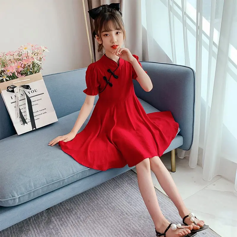 Cheongsam para meninas de verão, vestidos infantis, princesa adolescente, roupas de ano novo, Qipao monocromático vermelho chinês, 4 7 8 9 10 12 14