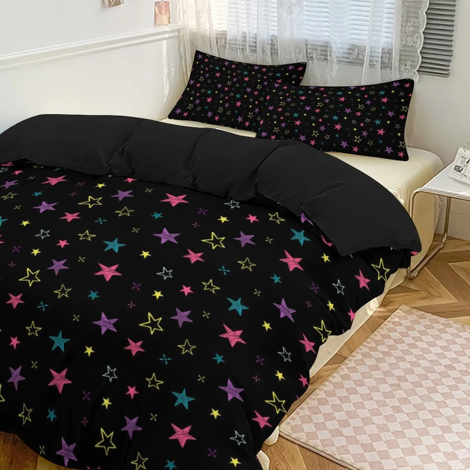 

Black Bedding Set with Colorful Stars, Skin - Friendly Fabric, Duvet Cover + 2 Pillowcases