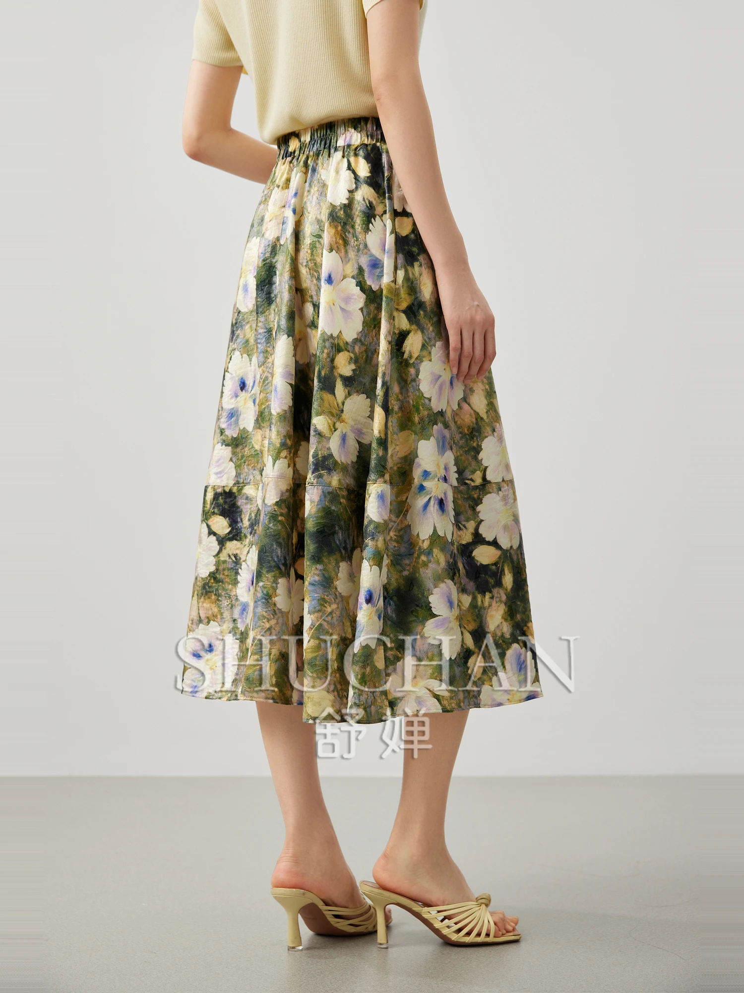 Oil Painting Peony Printing, Lyocell Elastic Waist A-shaped Skirt 25 Summer Faldas Mujer Moda  Long Skirts for Women