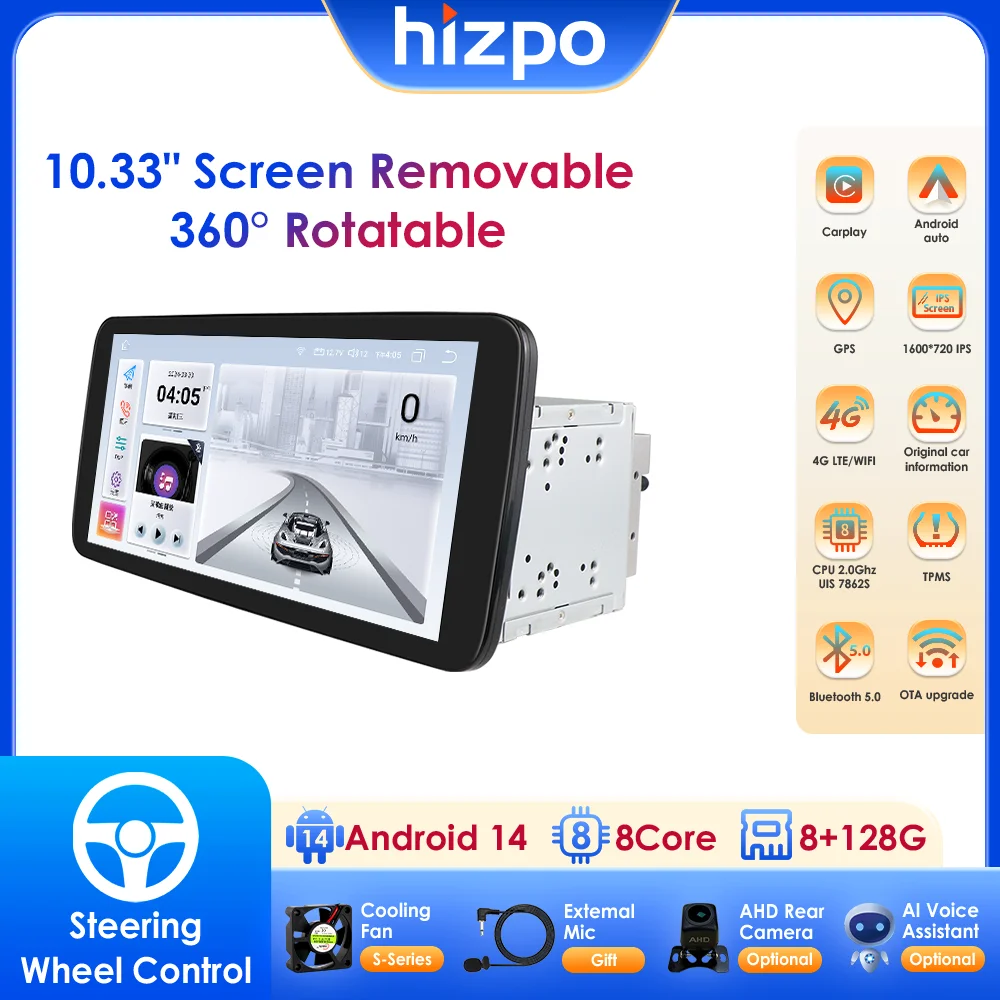 HIZPO 2din 10,33 Zoll Android Auto Universal-Stereoanlage 360 °   Drehbarer Touchscreen 4G WLAN Navigation CarPlay Multimedia-Player RDS SWC