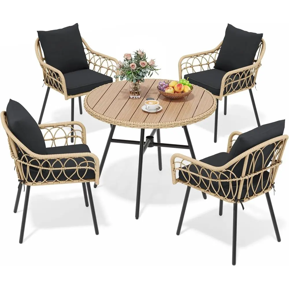 5-Piece Outdoor Dining Set: Rattan Patio Furniture with Plastic Wood Tabletop, Black