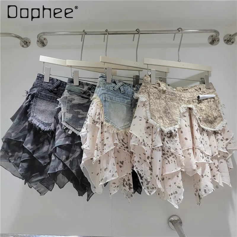 

Leopard Print Chiffon Splicing Denim Skirt 2026 Summer New Irregular Floral Versatile Thin Skirt Korean Style Pink Skirt