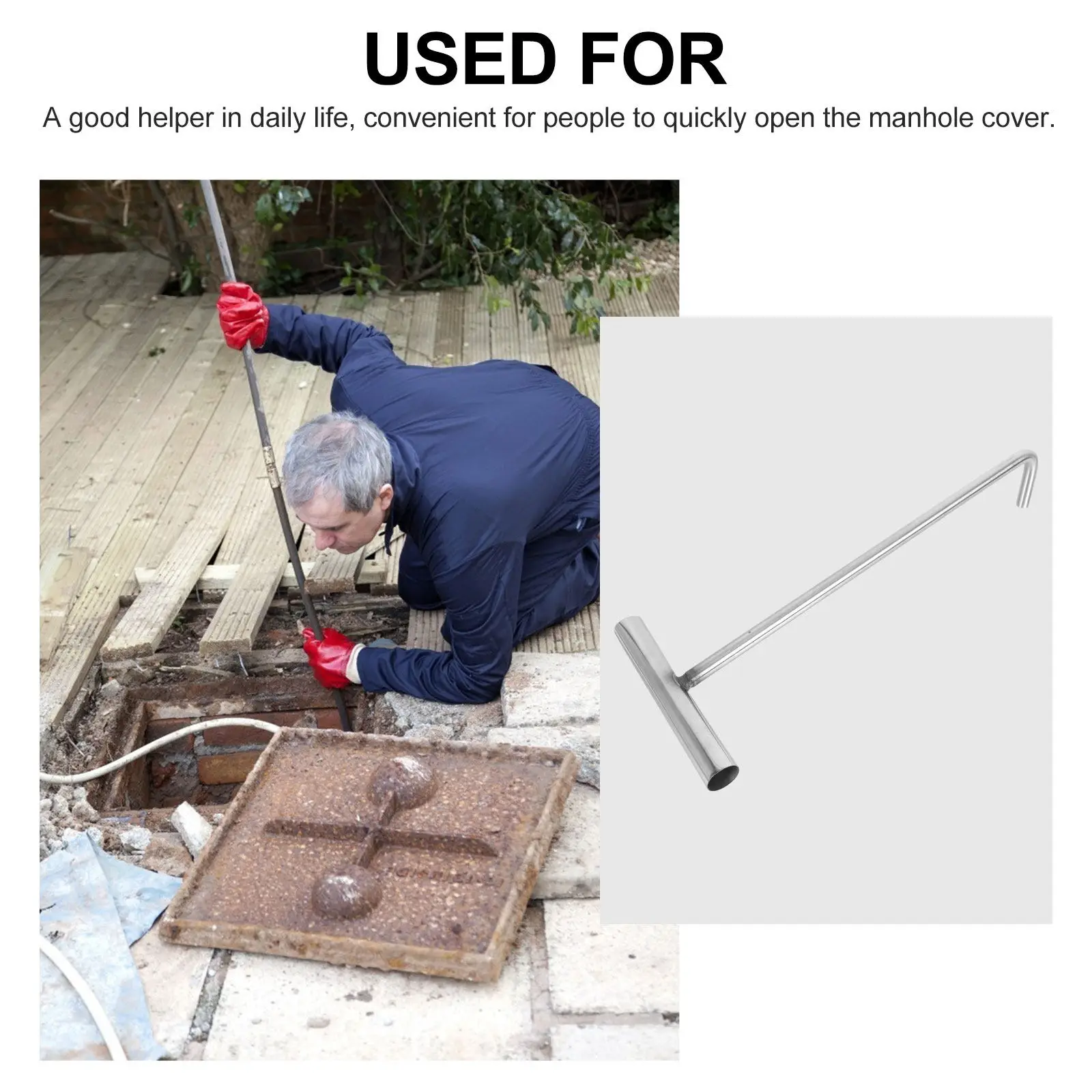 1Pcs Heavy Duty Stainless Steel T Shaped Manhole Cover Hook Easy Clean Lift Tool for Factory Sewer Maintenance Outdoor Drain Lid