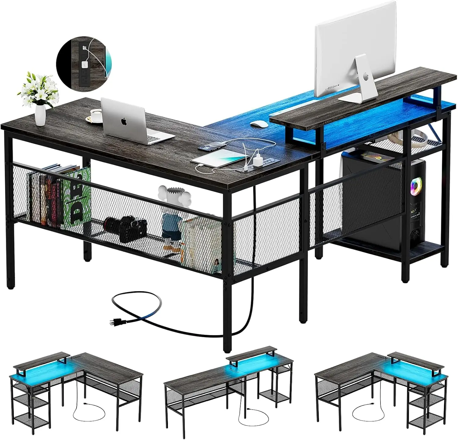 L Shaped Computer Desk with Magic Power Outlets and Smart LED Light, Reversible Office Corner Desk