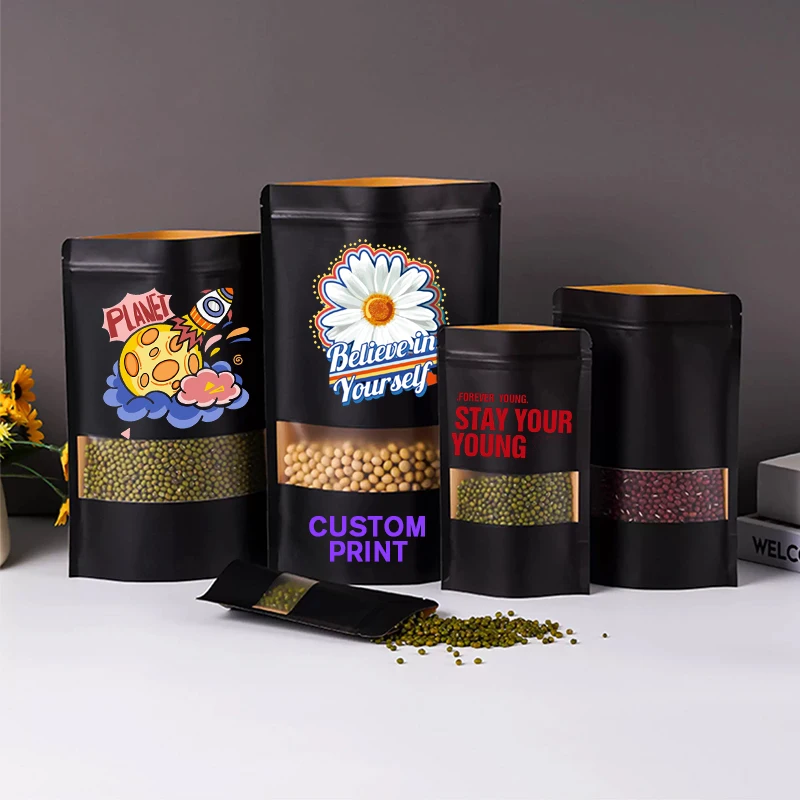 Customized Printed Black Kraft Paper Window Zipper Bag For Seasoning, Candy, Balloons, Gift Packaging Bags